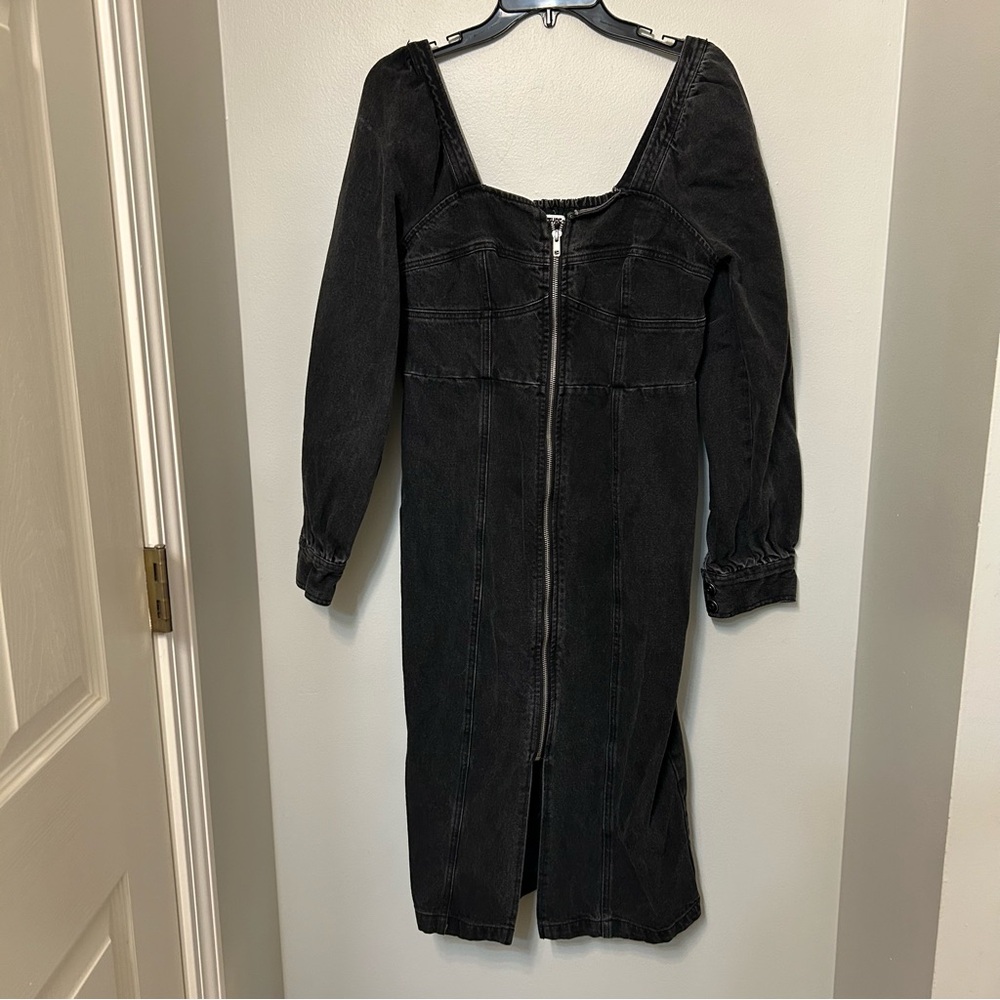 Future Collective Womens Washed Black Denim Zip Front Long Sleeve Midi Dress 8